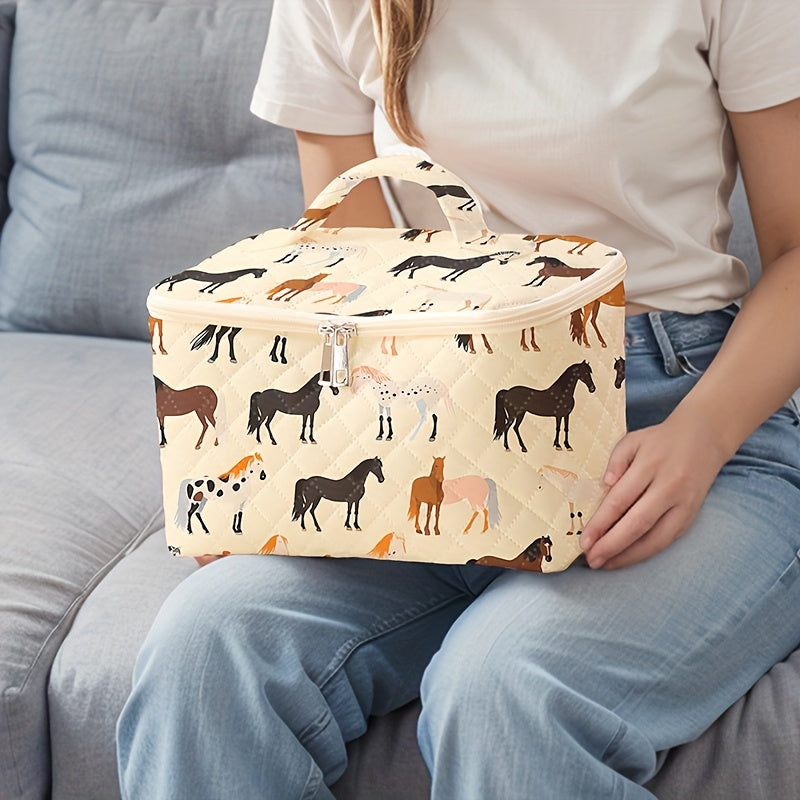 Horse Print Makeup Bag - Travel Cosmetic Case Organizer for Brushes & Toiletries, Durable Polyester, Zip Closure, Multi-Compartment