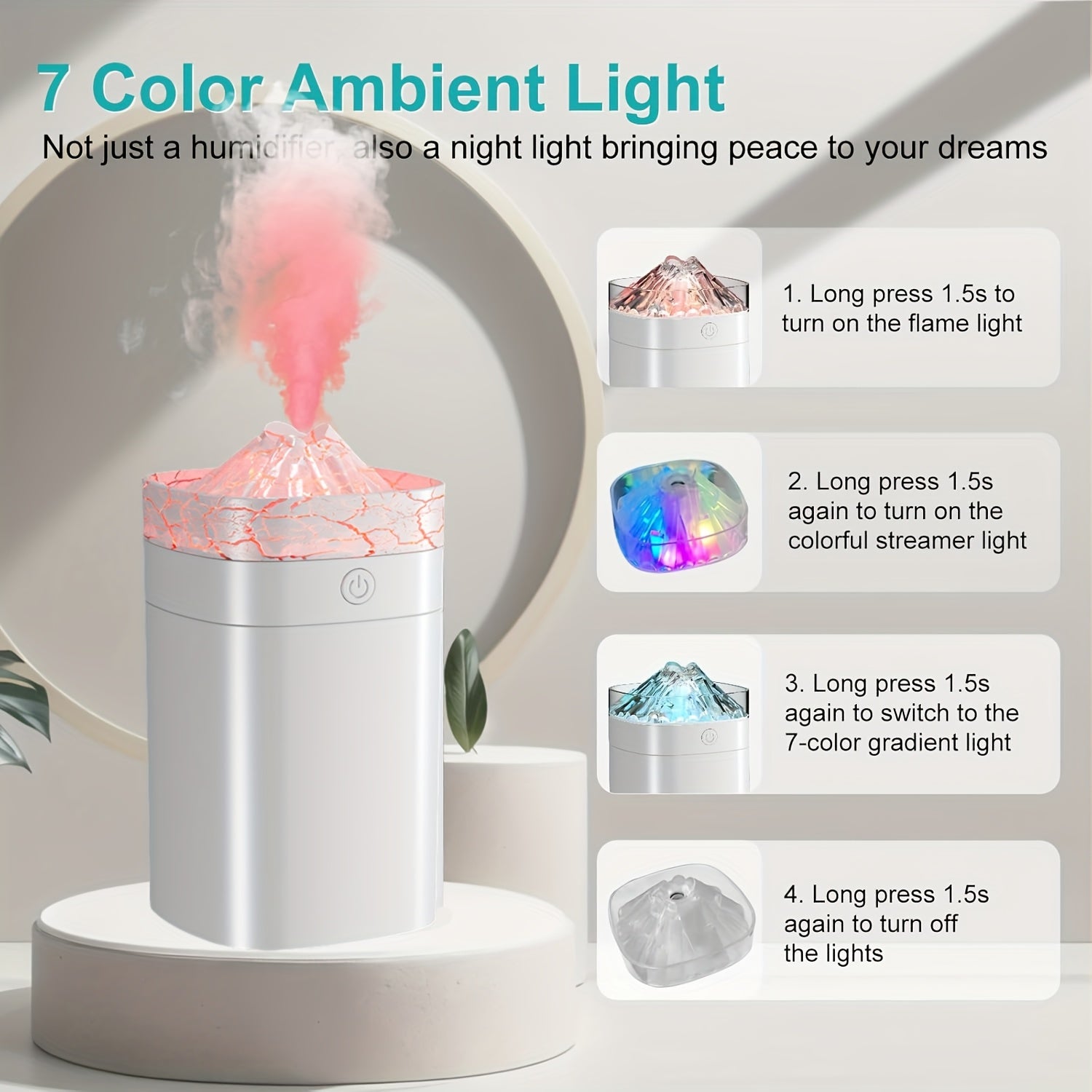Volcano Dazzle Aroma Diffuser Humidifier with 8-Pack Essential Oil Set — Sweet Orange, Lemon, Vanilla, Sandalwood, White Tea, Peppermint, Lavender, Rose — Home Fragrance & Candle Making