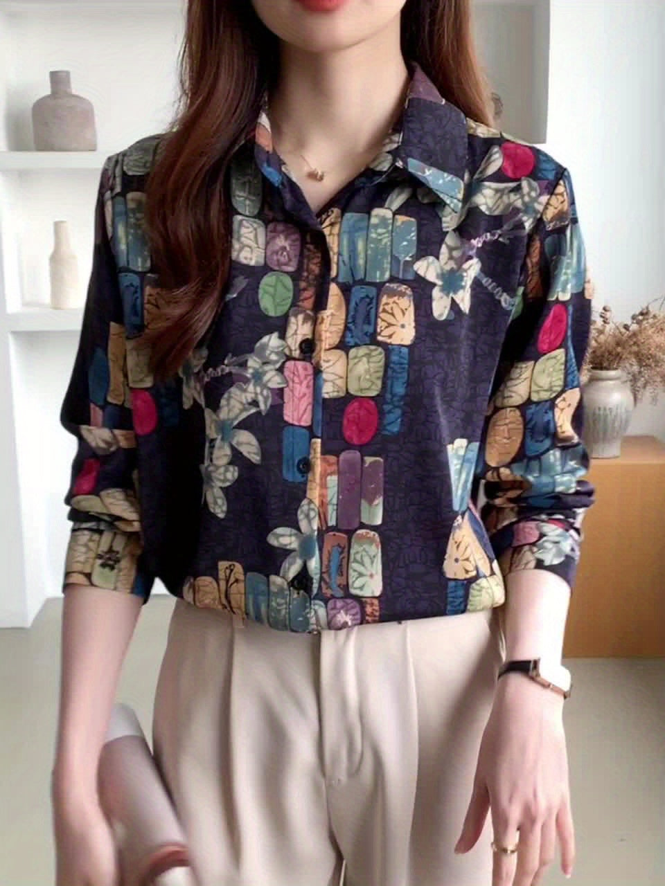Floral Lapel Collar Shirt for Women — Flattering Slimming Long-Sleeve Button Blouse, Machine Washable for Spring & Fall