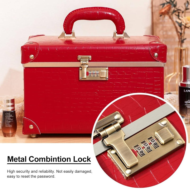 Retro Leather-Look Makeup Train Case with Combination Lock — 12.5 in (32 cm) Red Crocodile Cosmetic Organizer