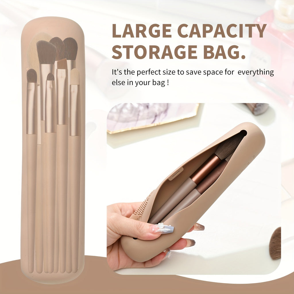 Beige Silicone Travel Makeup Brush Holder - Magnetic Closure, Anti-Fall Portable Makeup Brush Organizer
