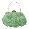 Feather Furry Kiss-Lock Clutch with Metal Chain and Rhinestone Frame — Elegant Evening Prom Cocktail Bag
