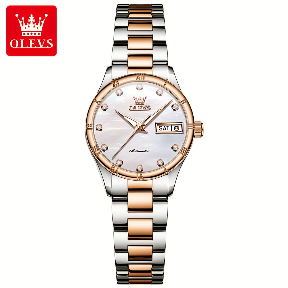 OLEVS Women's Stainless Steel Automatic Mechanical Watch - Vintage Analog Bracelet with Luminous Hands