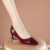 Women's Black Pointed-Toe Pumps with Floral Accent | Chunky Block Mid Heel, Comfortable Insole — All-Season Dress Shoes