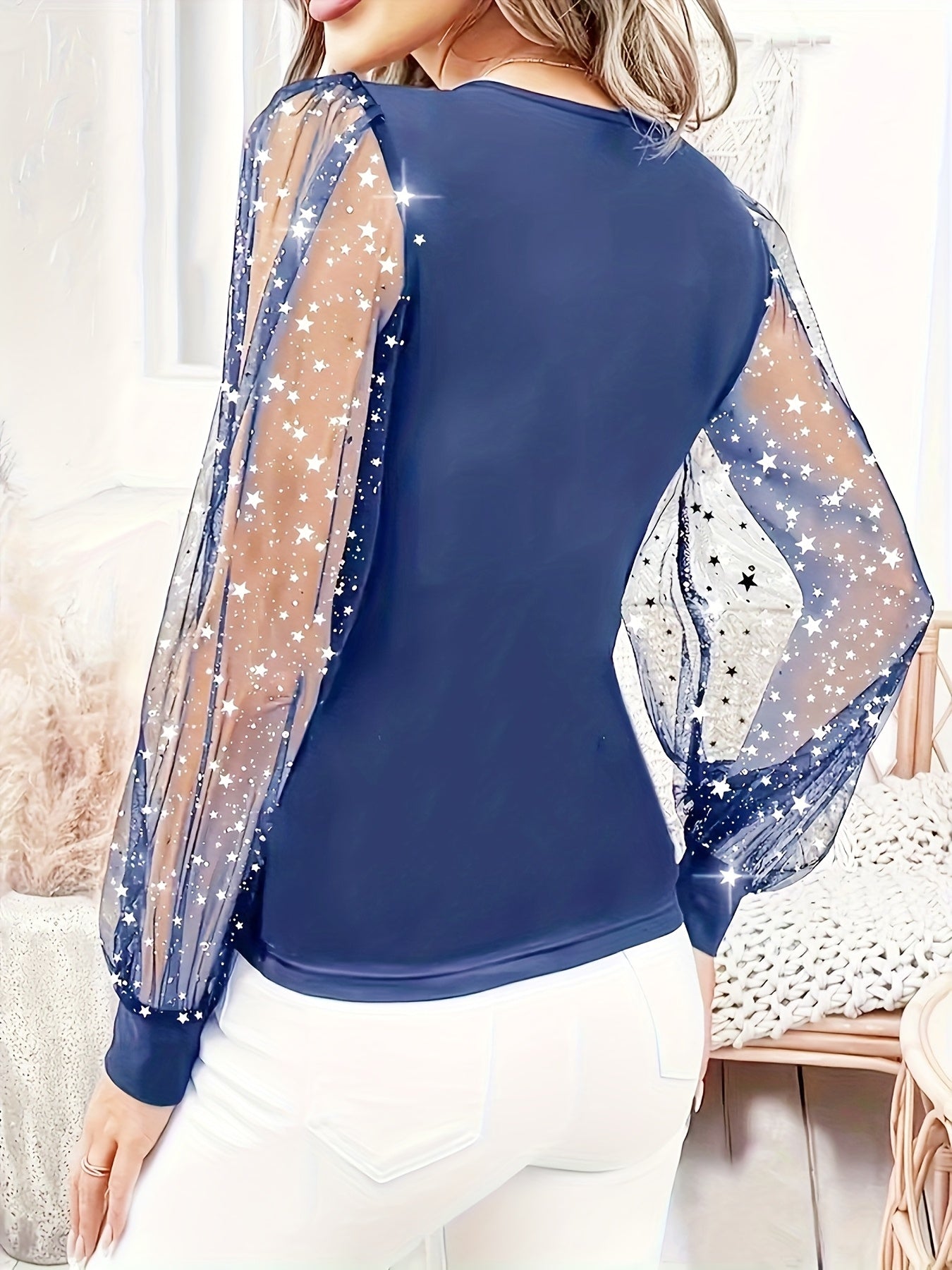 Women's Navy Long-Sleeve Blouse with Sequin Sleeve Trim - Stretchy Knit Crew Neck Top, Machine Washable for Office & Party