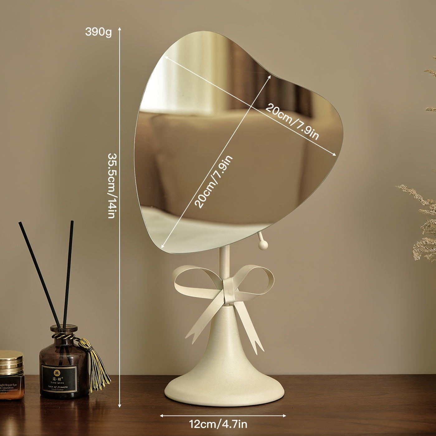 Adjustable Heart Base Makeup Mirror — Tabletop & Hanging Vanity Mirror, Portable No-Power Metal Mirror (Gold/Black)