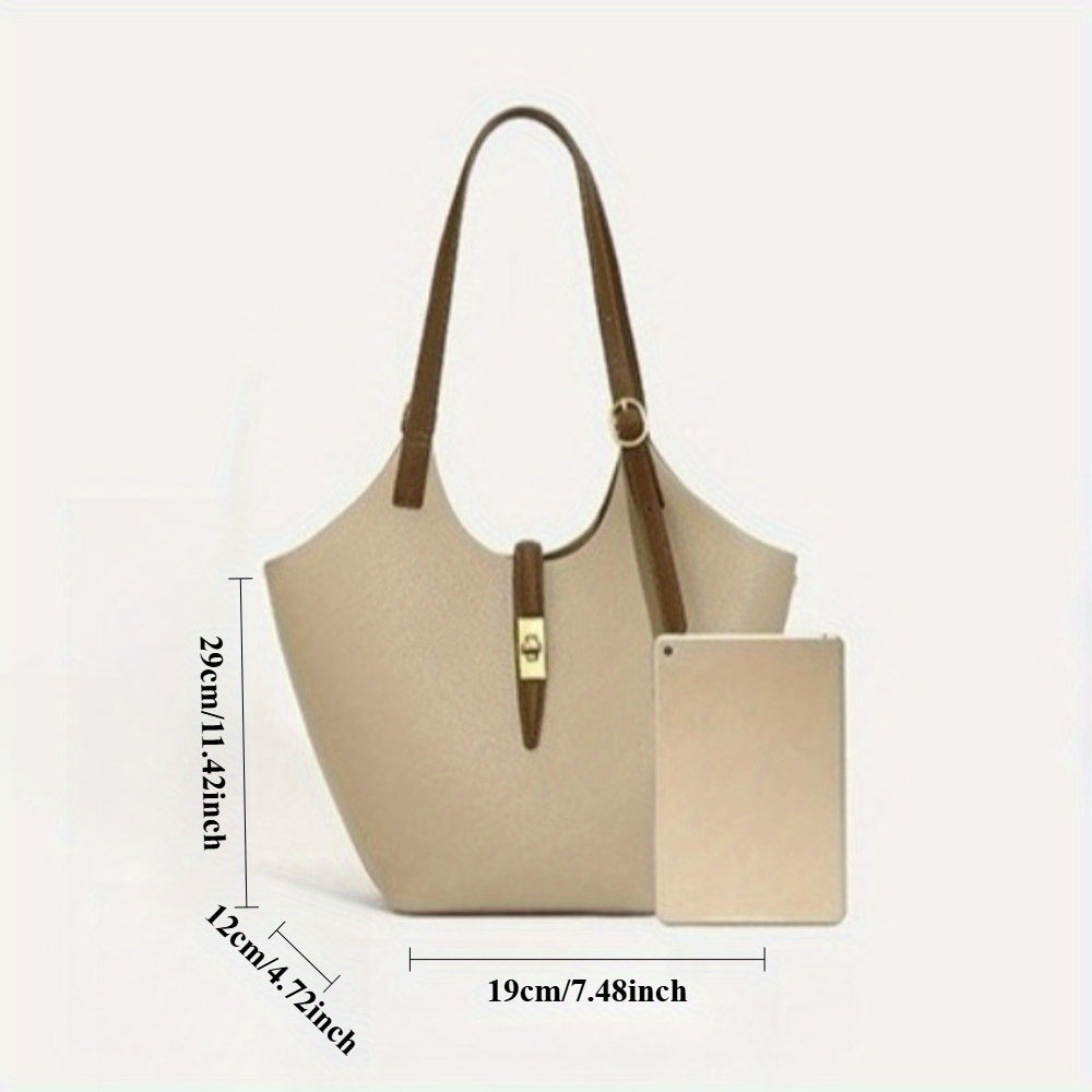 Women's Khaki PU Bucket Bag - Large Capacity Shoulder, Handheld & Crossbody Handbag with Tartan Pattern