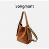 Genuine Leather Crossbody Bucket Bag - Olive Green & Caramel Tan Suede Lining, Ear-Hook Buckle, Single Shoulder Strap