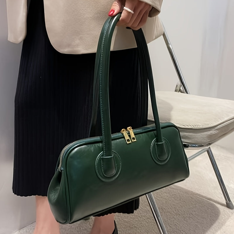 Vintage Women's Shoulder Bag – French Baguette Underarm PU Leather Bag, Zipper Closure, Black with Gold Hardware