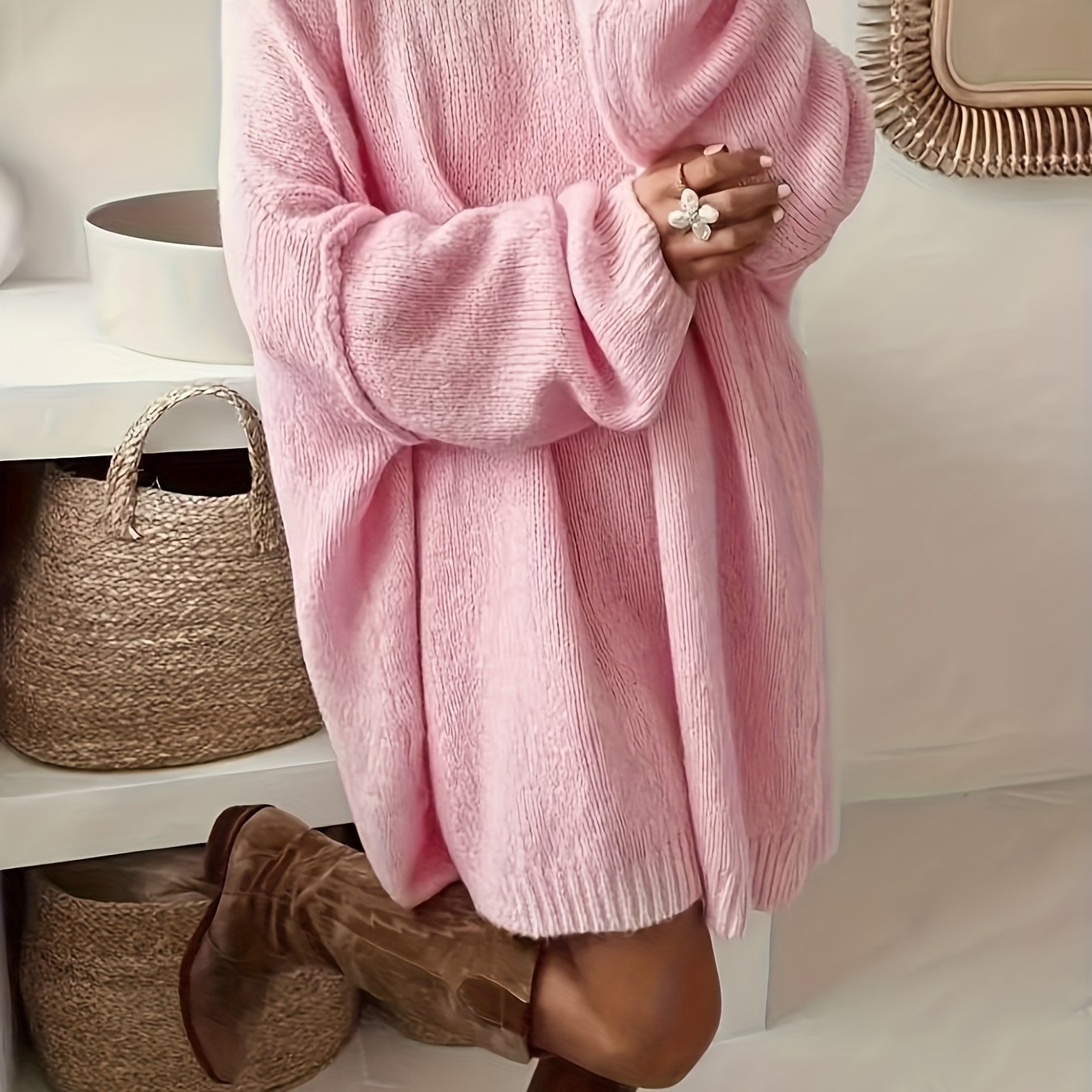 Plus Size Oversized Sweater Dress - Soft Beige Long Knit Pullover Coat, Crew Neck, Relaxed Fit, Machine Washable