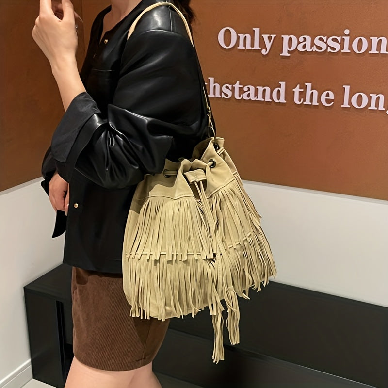 Women's Corduroy Bucket Bag with Tassel - Adjustable Foldable Crossbody Shoulder Bag, Magnetic Closure, Minimalist Urban Travel Purse (Khaki, Light Brown, Black)