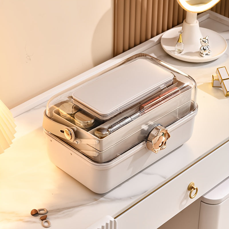 Large Capacity Makeup Organizer Box with Mirror - Multi-Layer Dust-Proof Cosmetic Case with Lock, Beige & White for Travel & Home Storage