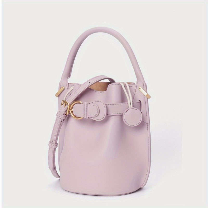 Genuine Leather Bucket Bag for Women - Convertible Handheld & Crossbody with Adjustable Strap, Drawstring Closure, Gold-Tone Hardware, Textured Luxury (Beige, Pink, Purple, Chocolate)