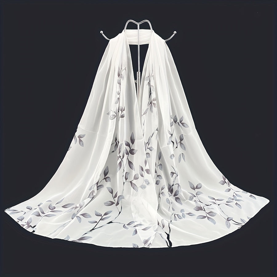 Sheer Bamboo Leaf Chiffon Shawl Scarf – Lilac & Green Lightweight Wrap for Beach, Wedding & Party, 59 x 19 in (150 x 50 cm)