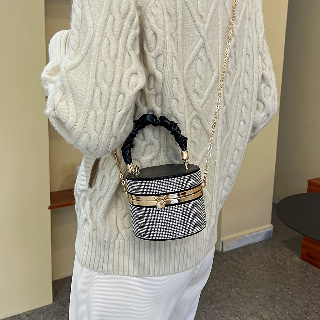 Mini Rhinestone Bucket Bag – Ruched Chain Shoulder Evening Purse, 3.9 x 4.7 x 4.7 in (10 x 12 x 12 cm)