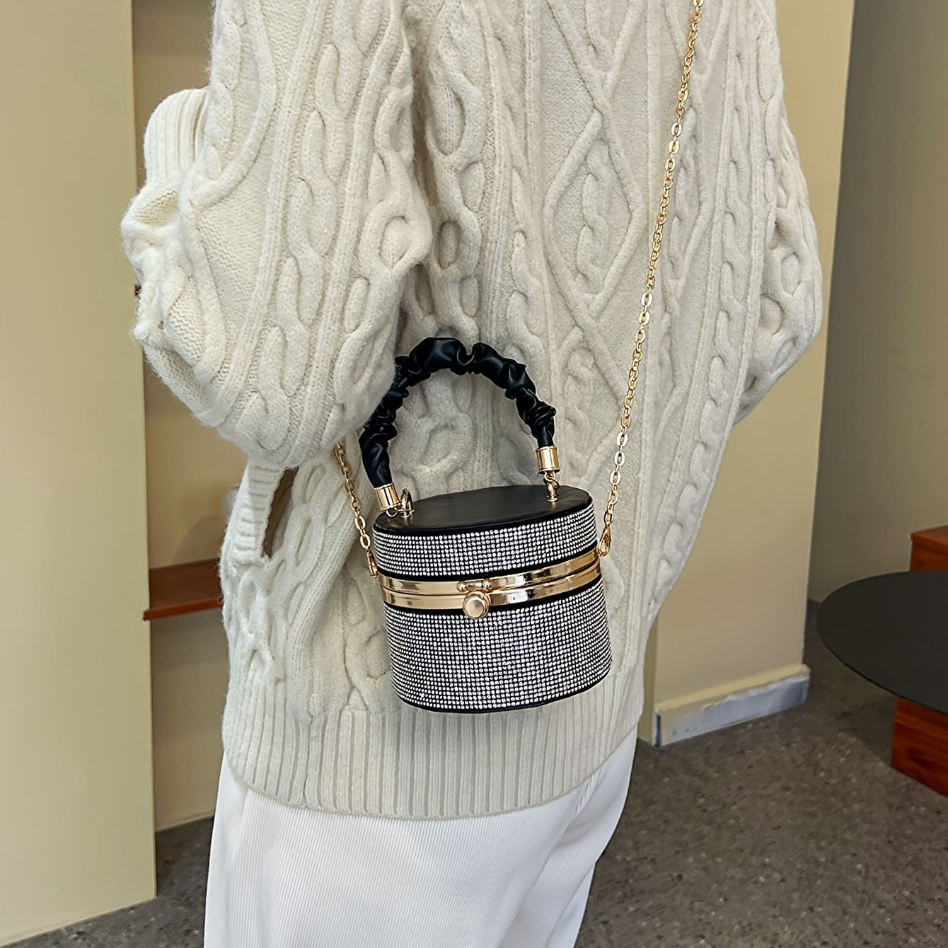 Mini Rhinestone Bucket Bag – Ruched Chain Shoulder Evening Purse, 3.9 x 4.7 x 4.7 in (10 x 12 x 12 cm)