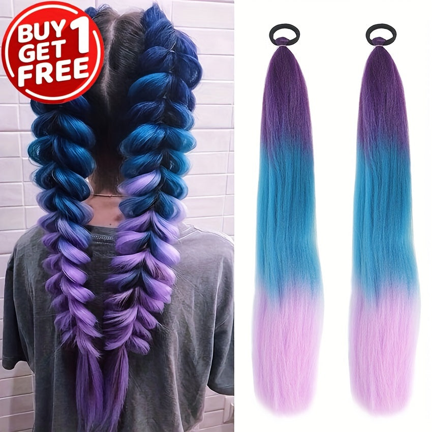Buy One Get One Free Synthetic Straight Ponytail Extension with Elastic Hair Tie, Colorful Braided Hairpiece for Women, Party & Festival