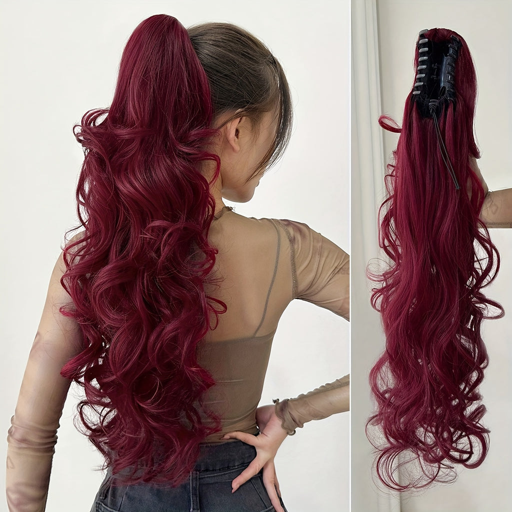 Clip-In Claw Ponytail Extension — Water Wave Wavy Curly Synthetic Hairpiece for Women (Dark Brown/Black)