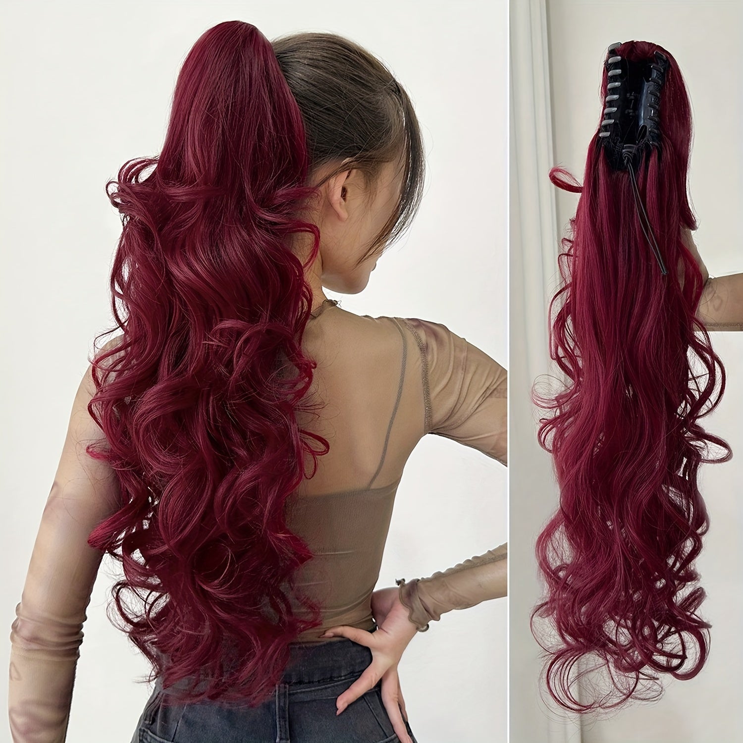 Clip-In Claw Ponytail Extension — Water Wave Wavy Curly Synthetic Hairpiece for Women (Dark Brown/Black)