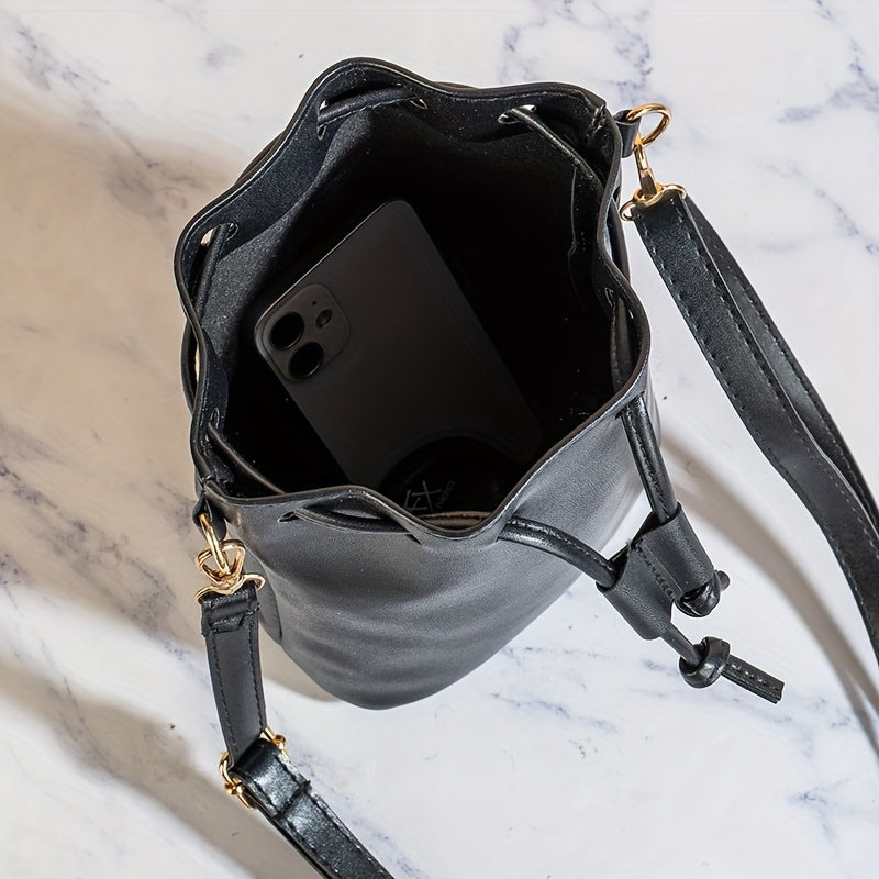 Women's Black Adjustable Crossbody Bucket Bag - Drawstring Closure Minimalist Shoulder Purse