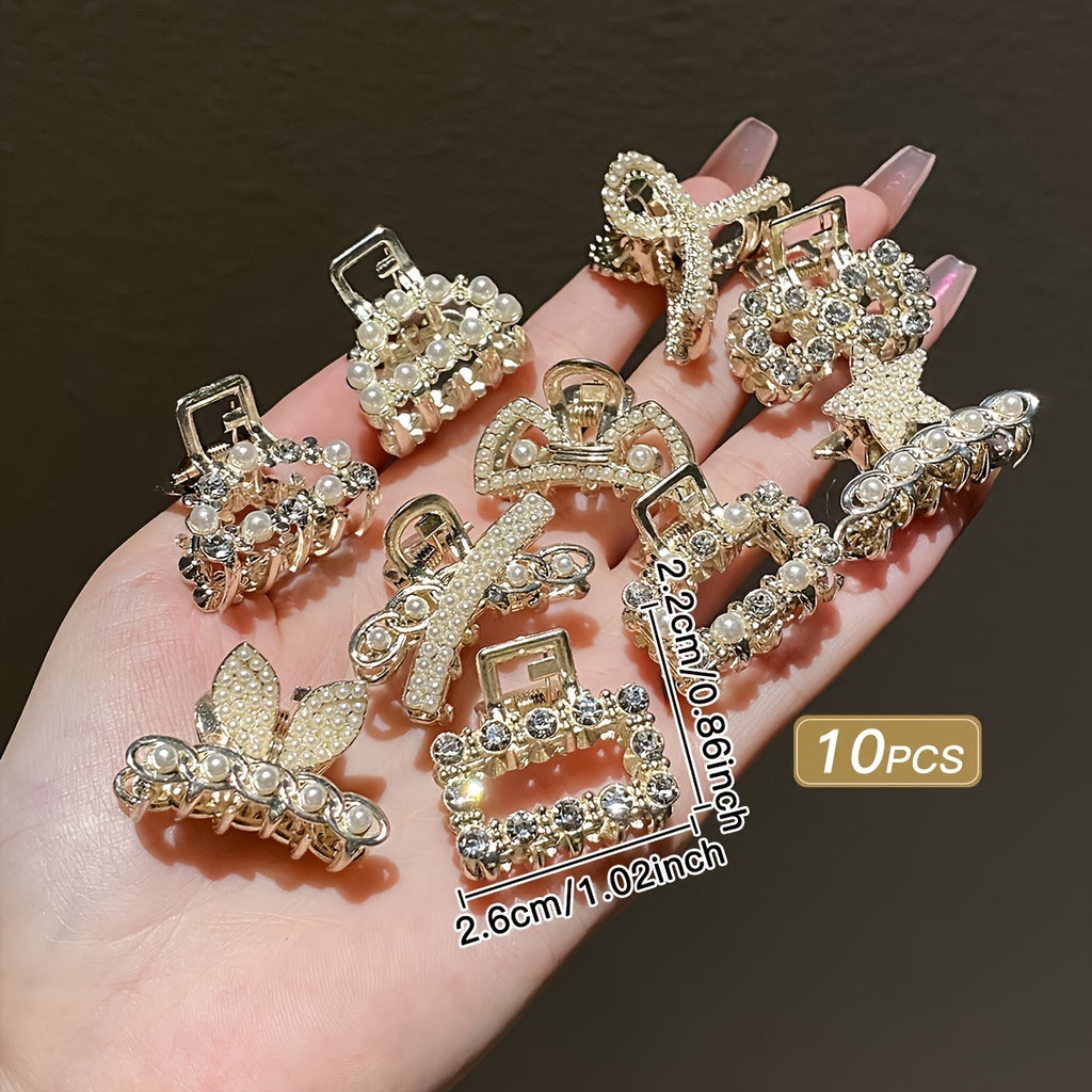 10-Pack Small Rhinestone Mini Hair Clips - Alloy Bow Hair Grippers for Bangs, Korean Princess Style