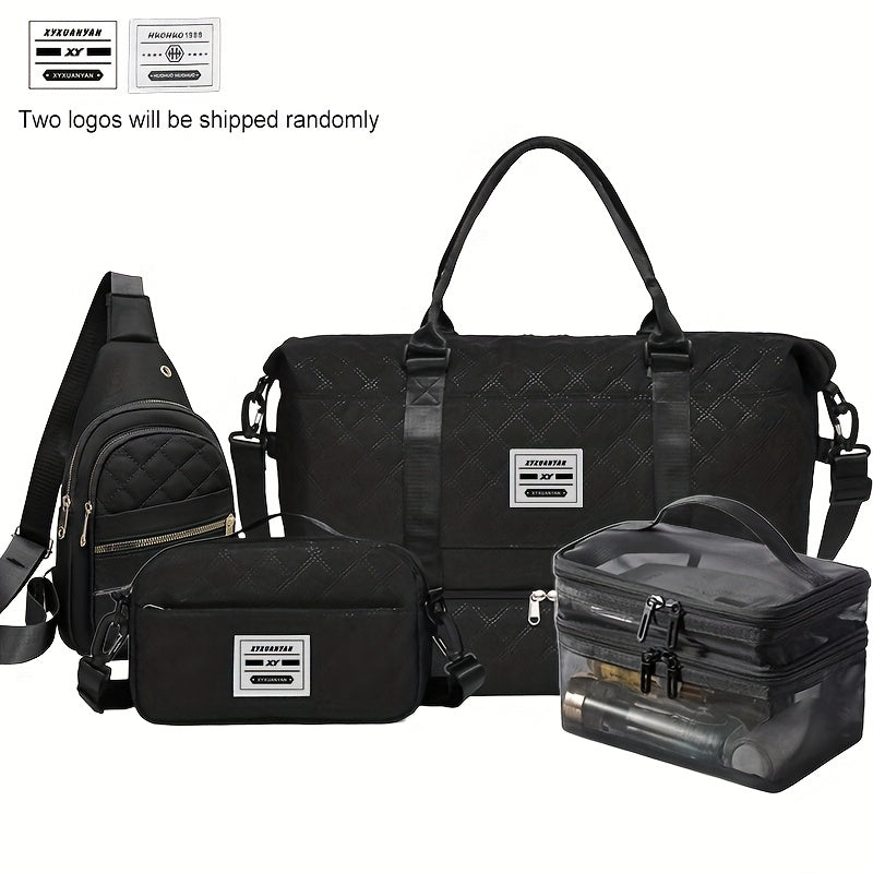 4-in-1 Travel Tote Bag Set – Large Capacity Travel & Gym Tote with Chest Bag, Makeup Pouch & Waist Pack – White, Black, Pink