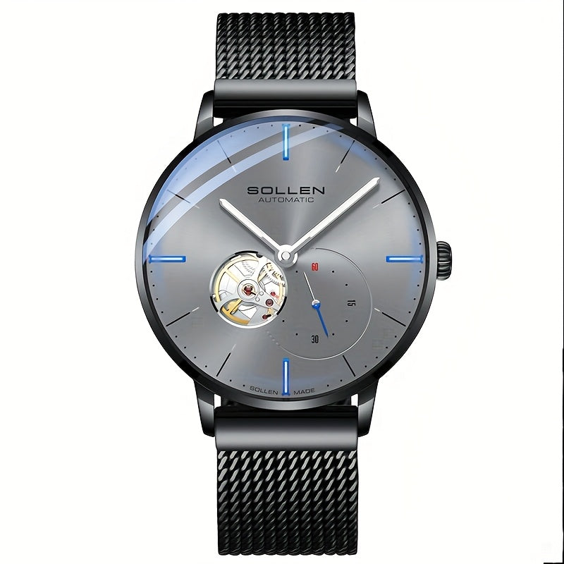 SOLLEN Automatic Mechanical Unisex Watch – Stainless Steel Round Case, Black Dial, Luminous Hands, Business Casual