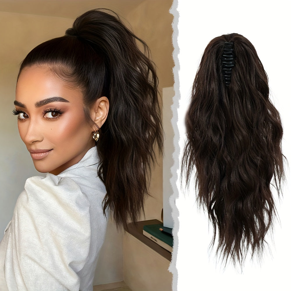 7JHH WIGS Water Wave Clip-In Ponytail Extensions – 18-inch (45 cm) Light Beige & Brown with Blonde Highlights, Natural Brown Roots, Heat-Resistant Synthetic for Volume & Length