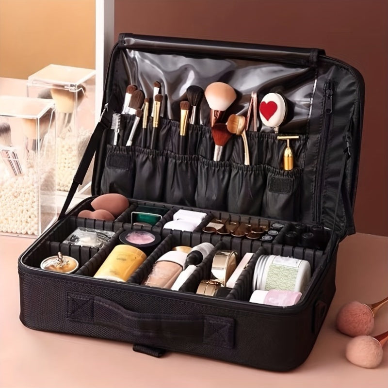 1pc Faux Leather Makeup Organizer Case with Detachable Divider - Waterproof Wear-Resistant Cosmetic Storage Box