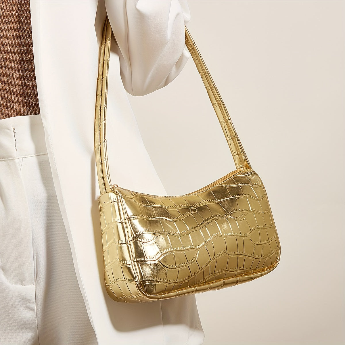 Golden Crocodile-Embossed Shoulder Baguette Bag for Women, Metallic Underarm Purse — Chic Everyday & Mother's Day Gift