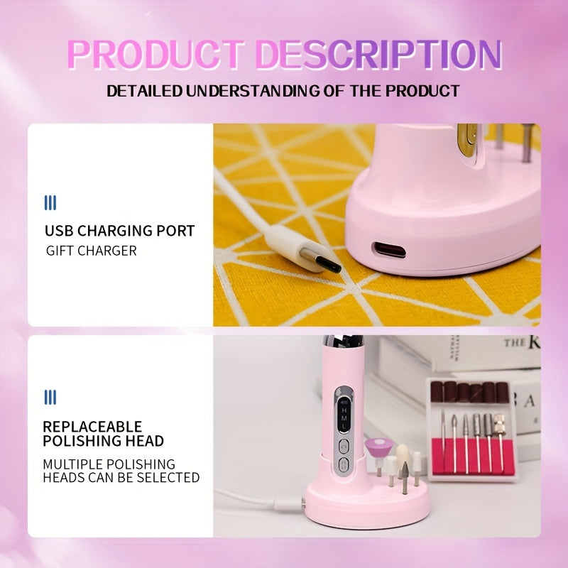 Cordless Electric Nail Drill Kit with Drill Bits & Sanding Bands, Rechargeable USB Manicure & Pedicure File for Acrylic Gel Nails (Bright Pink)