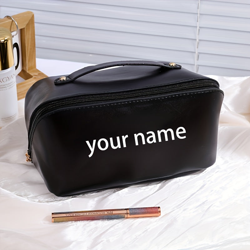 Embroidered Personalized Large Capacity Makeup Bag - Travel Toiletry Organizer with Zipper & Top Handle (Black, Brown, Pink)