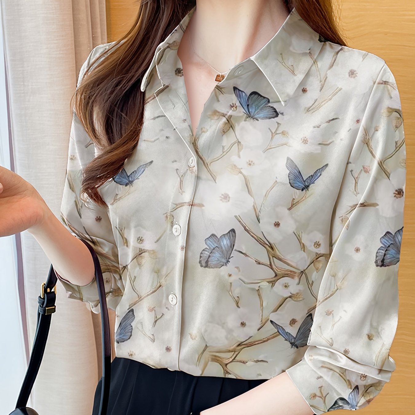 Women's Floral and Butterfly Print Long Sleeve Polo Blouse - Turnover Lapel Collar Single-Breasted Casual Top for Spring/Fall