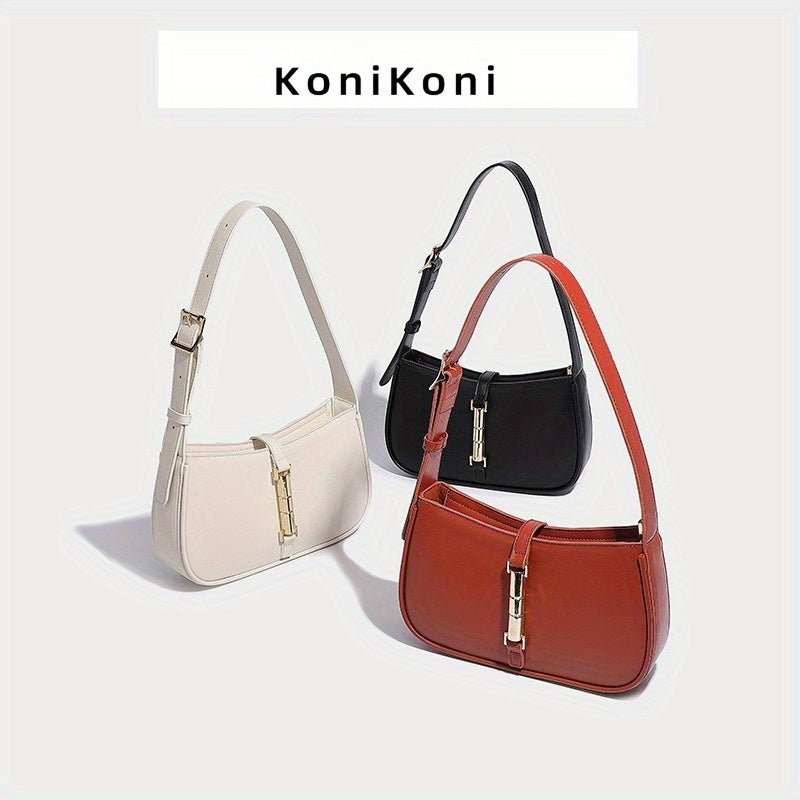 KoniKoni French-Inspired Women's Shoulder Handbag – Magnetic Closure, Gold-Tone Hardware, Microfiber Leather Tote (Beige, White, Black, Burgundy, Light Brown)