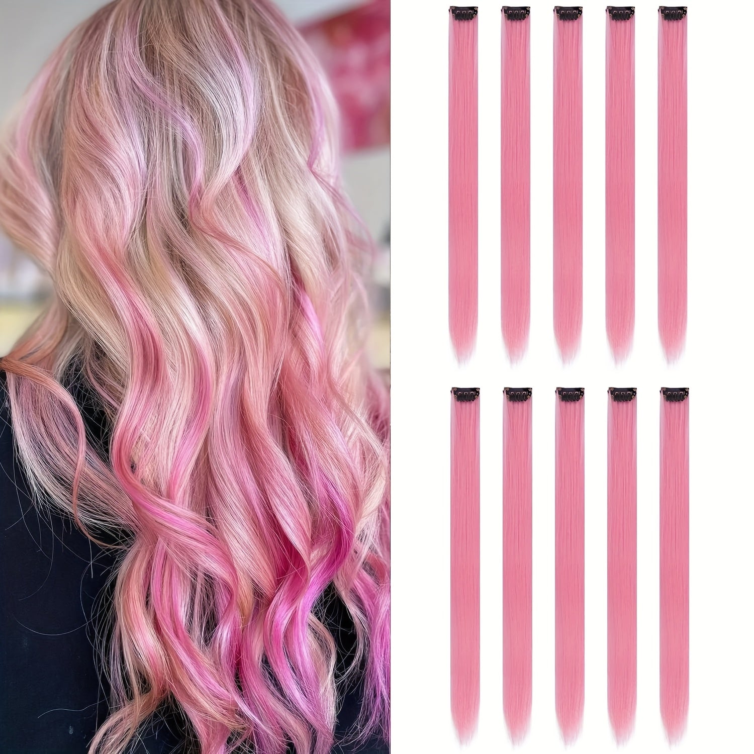 10-Pack 18-Inch (45 cm) Clip-In Hair Extensions — Straight Multicolor Highlights, Heat-Resistant Synthetic Clip-On Strands