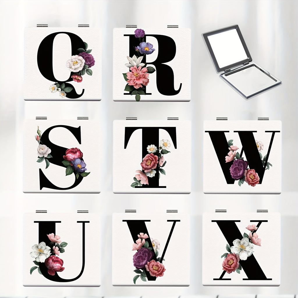 Alphabet Folding Handheld Makeup Mirror for Women & Girls - Floral & Heart Cutout Portable Vanity Mirror A-Z