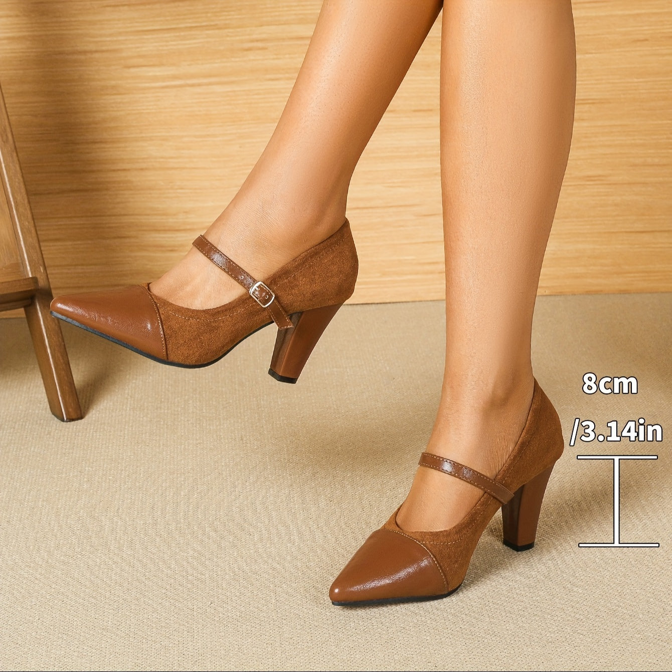Women's Mary-Jane Block Heel Pumps — Pointed Toe, Adjustable Buckle, Breathable PU Insole & Rubber Outsole