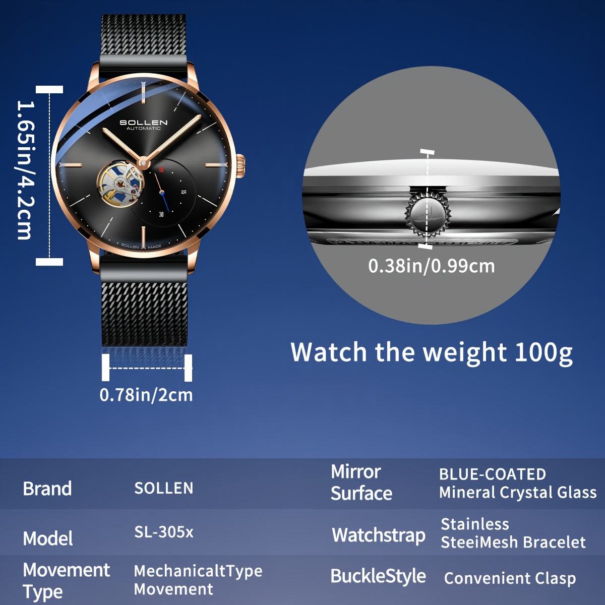 SOLLEN Automatic Mechanical Unisex Watch – Stainless Steel Round Case, Black Dial, Luminous Hands, Business Casual