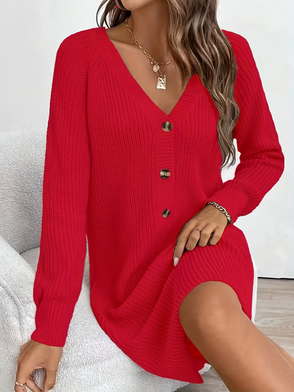 Plus Size Olive V-Neck A-Line Sweater Dress - Short Sleeve Single-Button Closure, Machine Washable Knit for Office & Semi-Formal