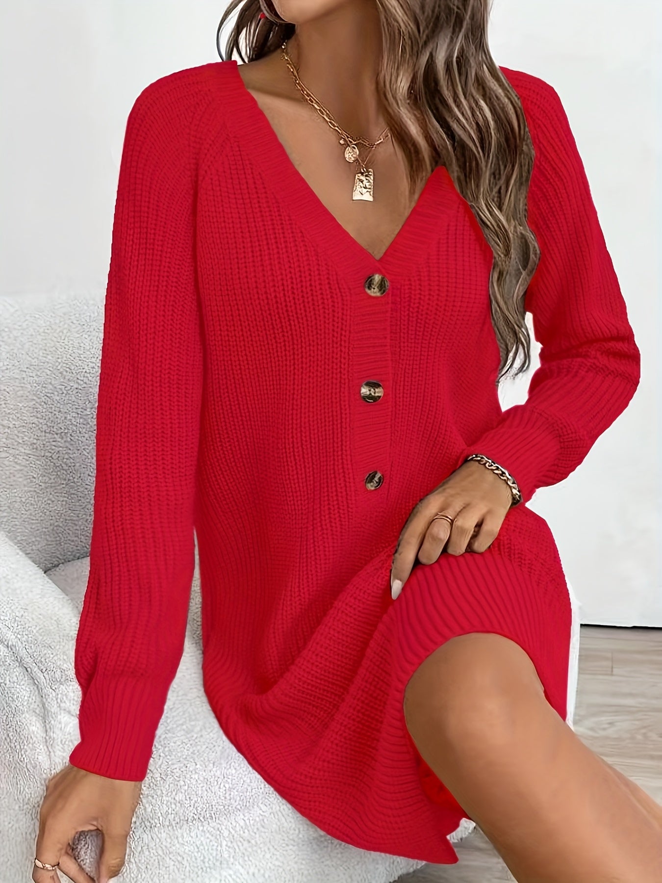 Plus Size Olive V-Neck A-Line Sweater Dress - Short Sleeve Single-Button Closure, Machine Washable Knit for Office & Semi-Formal