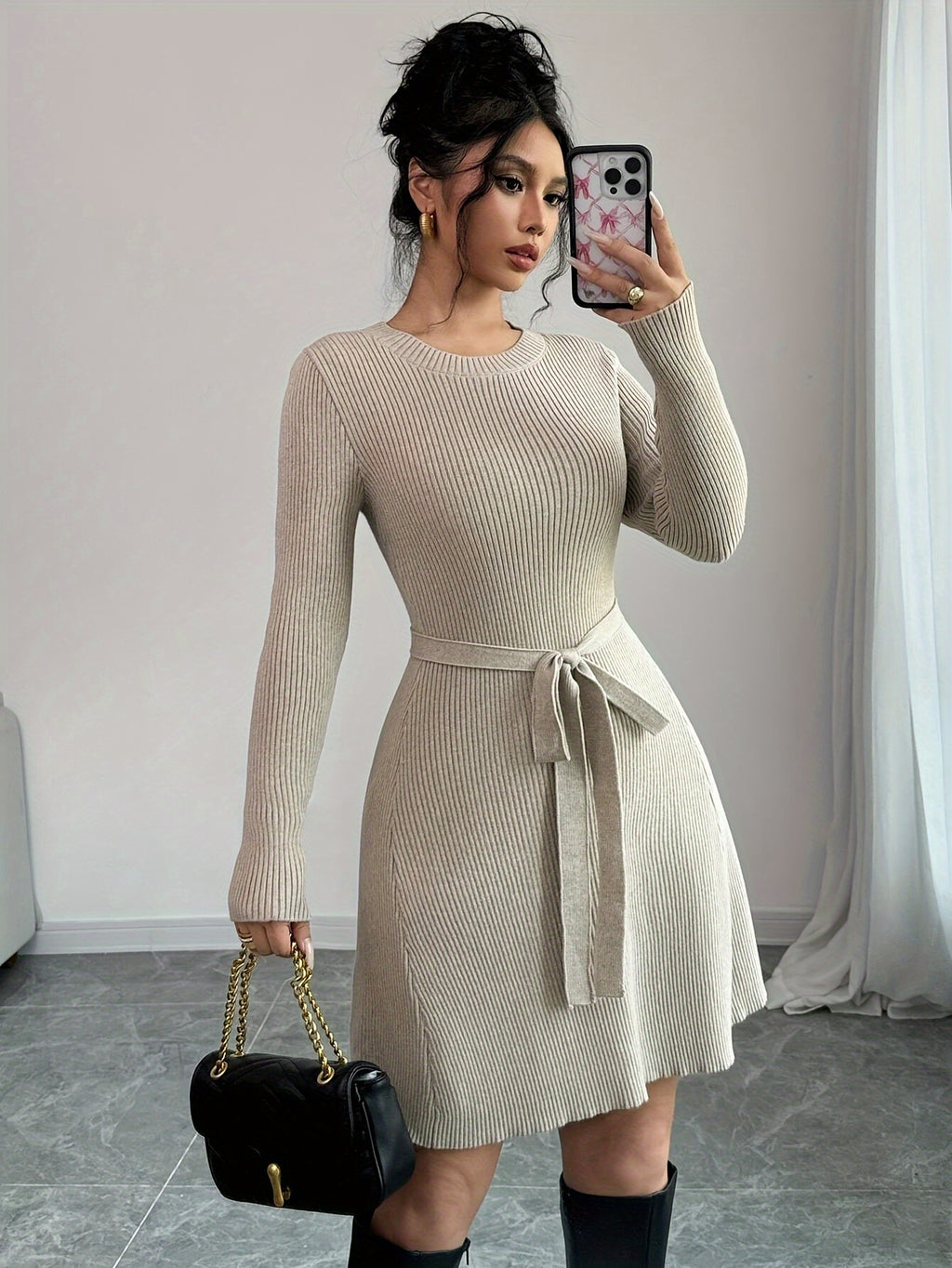 Lace-Up Knit Sweater Dress - Long Sleeve Cozy A-Line Pullover for Women