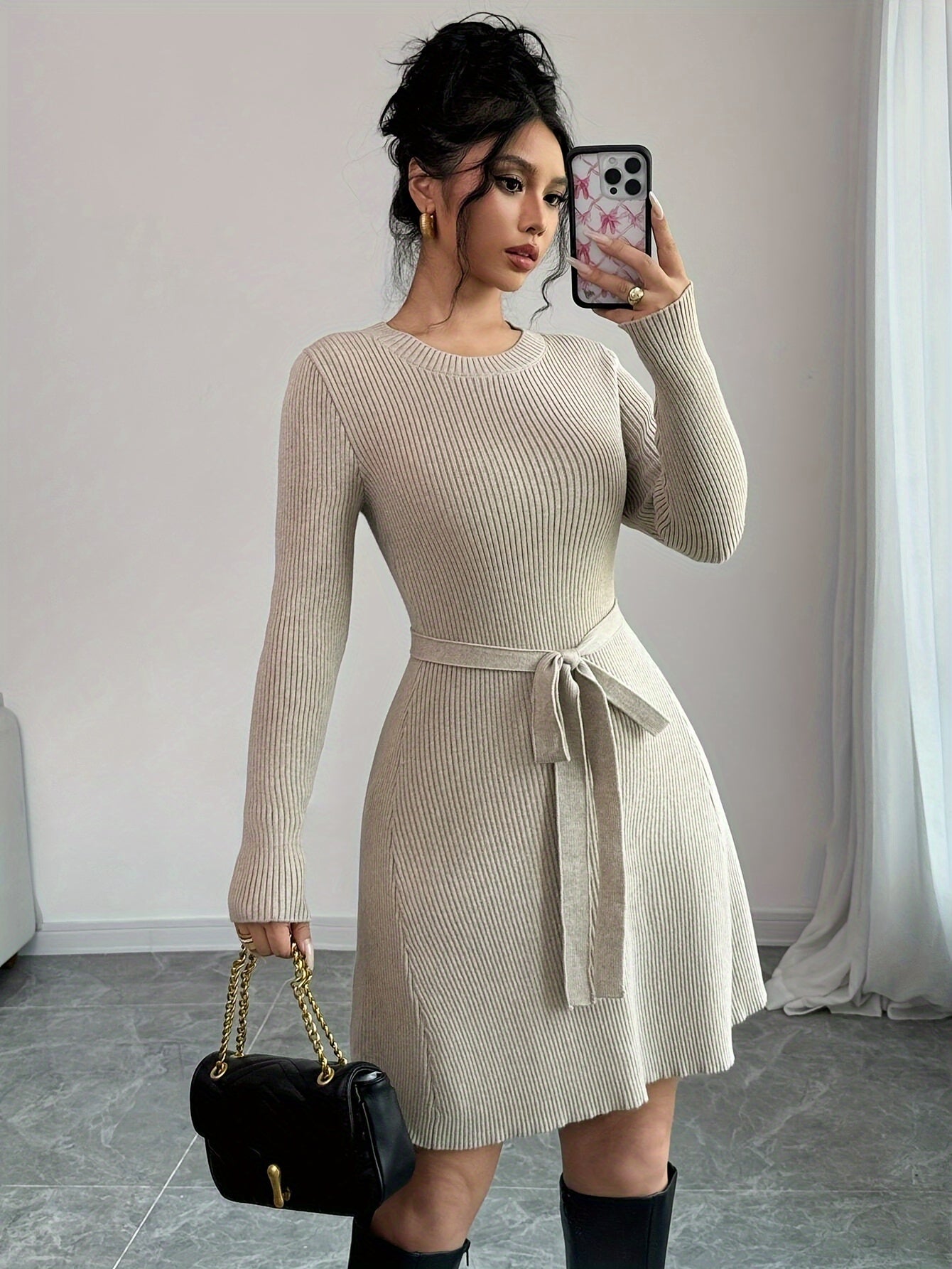 Lace-Up Knit Sweater Dress - Long Sleeve Cozy A-Line Pullover for Women