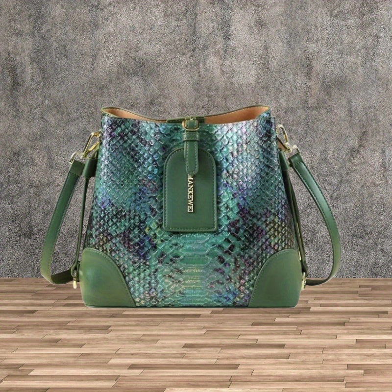 Women's Snake-Print Split Leather Crossbody Bucket Bag - Large Capacity, Adjustable Strap & Buckle Closure (Red, Khaki, Yellow, Blue, Green)
