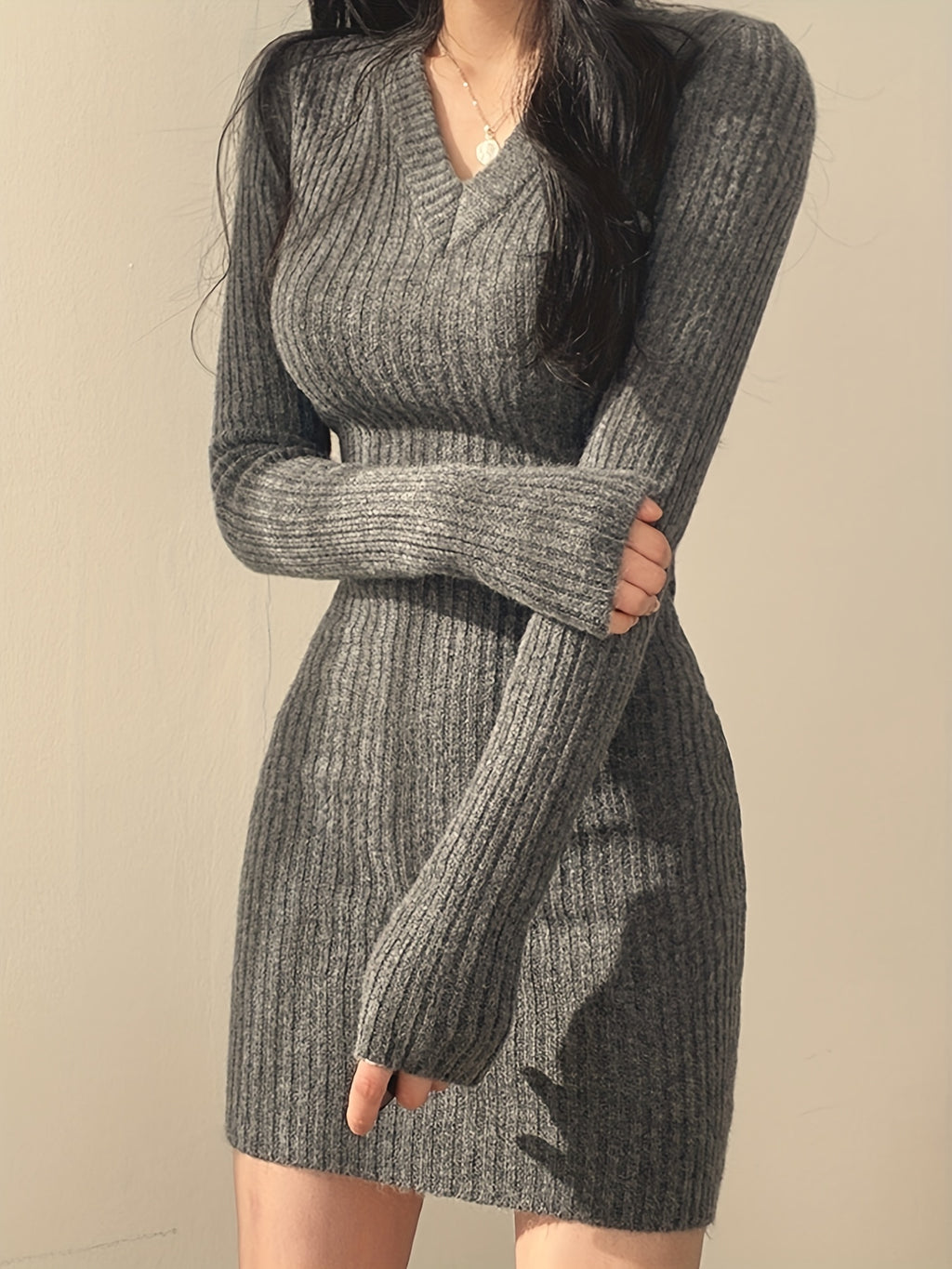 Women's Elegant V-Neck Knit Sweater Bodycon Dress - Long Sleeve Fall Winter