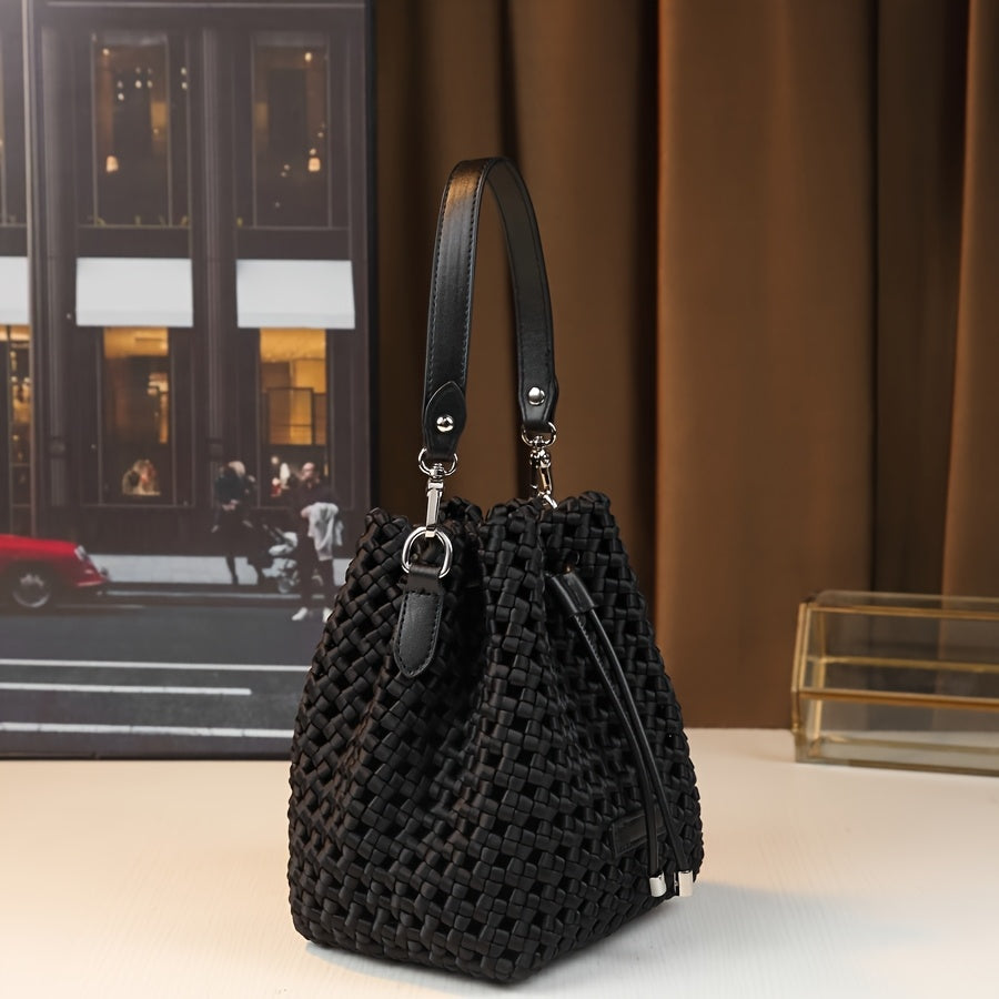 Women's Handwoven Mini Bucket Bag - Detachable Adjustable Shoulder Strap, Drawstring Closure, Durable Nylon Crossbody Purse, Black
