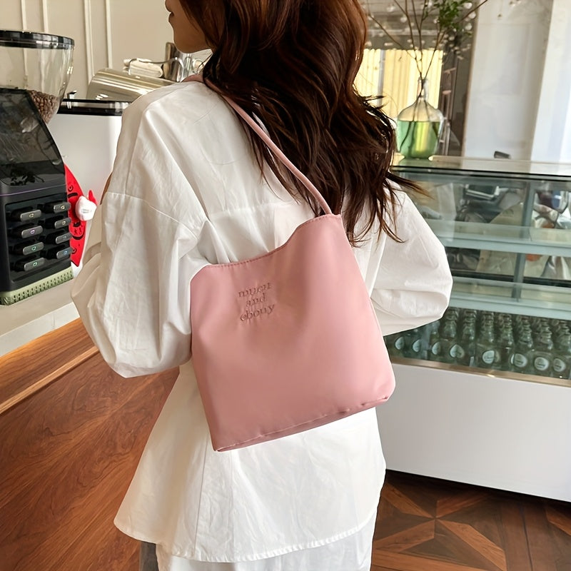 Women's Nylon Underarm Crossbody Bucket Bag – Embroidered Single Shoulder Handbag (Black, White)