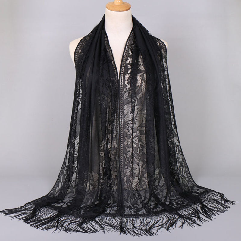 Floral Lace Tassel Scarf Shawl for Women - Bridal Mesh Fringe Wrap for Wedding & Evening