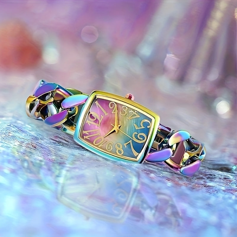 Women's Large-Dial Automatic Mechanical Watch – Iridescent Purple Dial, Gold Hands, 24-Hour Display, Stainless Steel Bracelet, Luxury Analog Wristwatch, Gift for Her