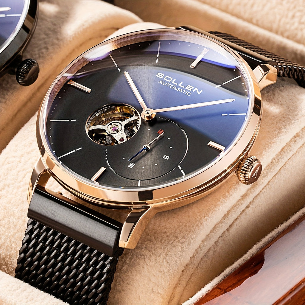 SOLLEN Automatic Mechanical Unisex Watch – Stainless Steel Round Case, Black Dial, Luminous Hands, Business Casual