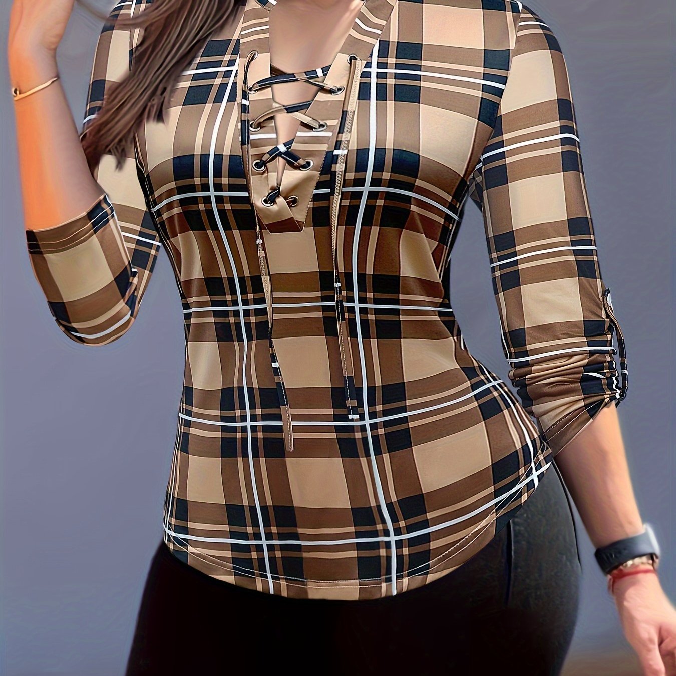 Plaid Drawstring V-Neck Blouse - Casual Long Sleeve Top for Women